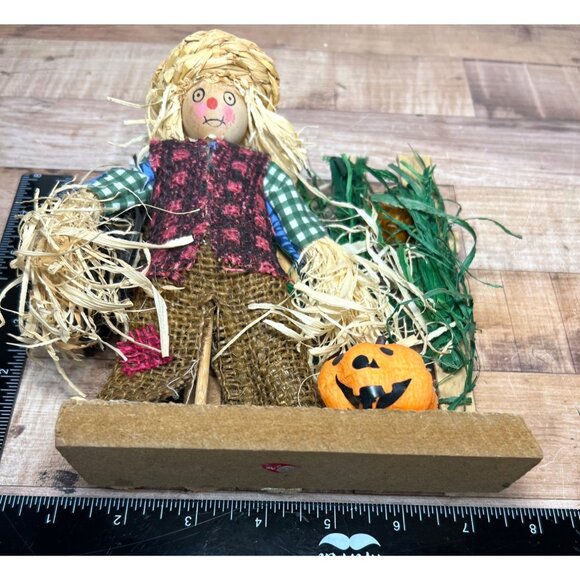 Handcrafted Rustic Scarecrow Figurine With Pumpkin & Wooden Fence - Picture 5 of 5
